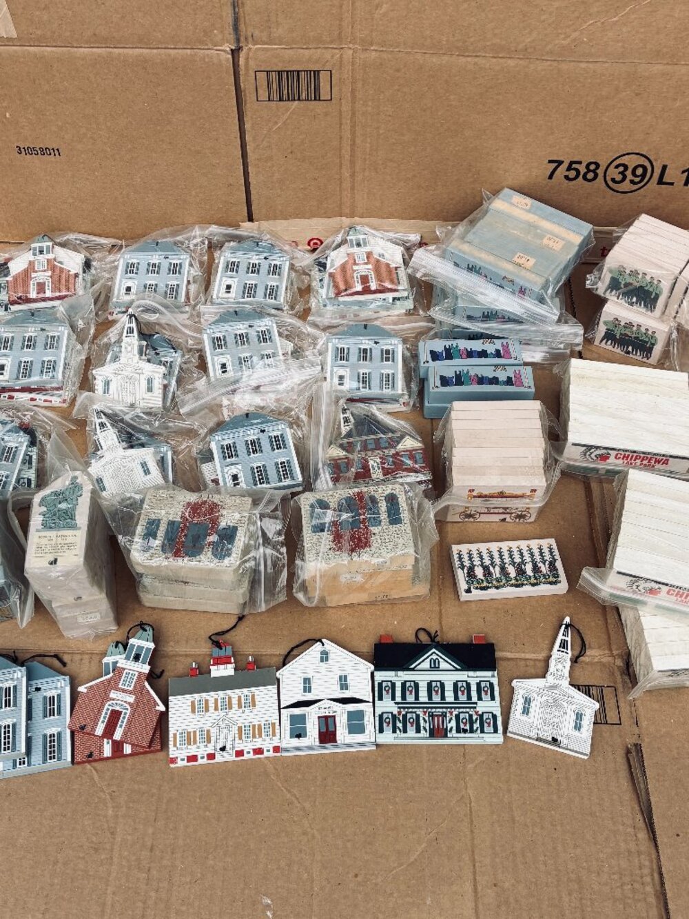 Huge VTG Cat’s Meow Village Wooden Block Lot Houses Ornaments Chippewa Lake Park